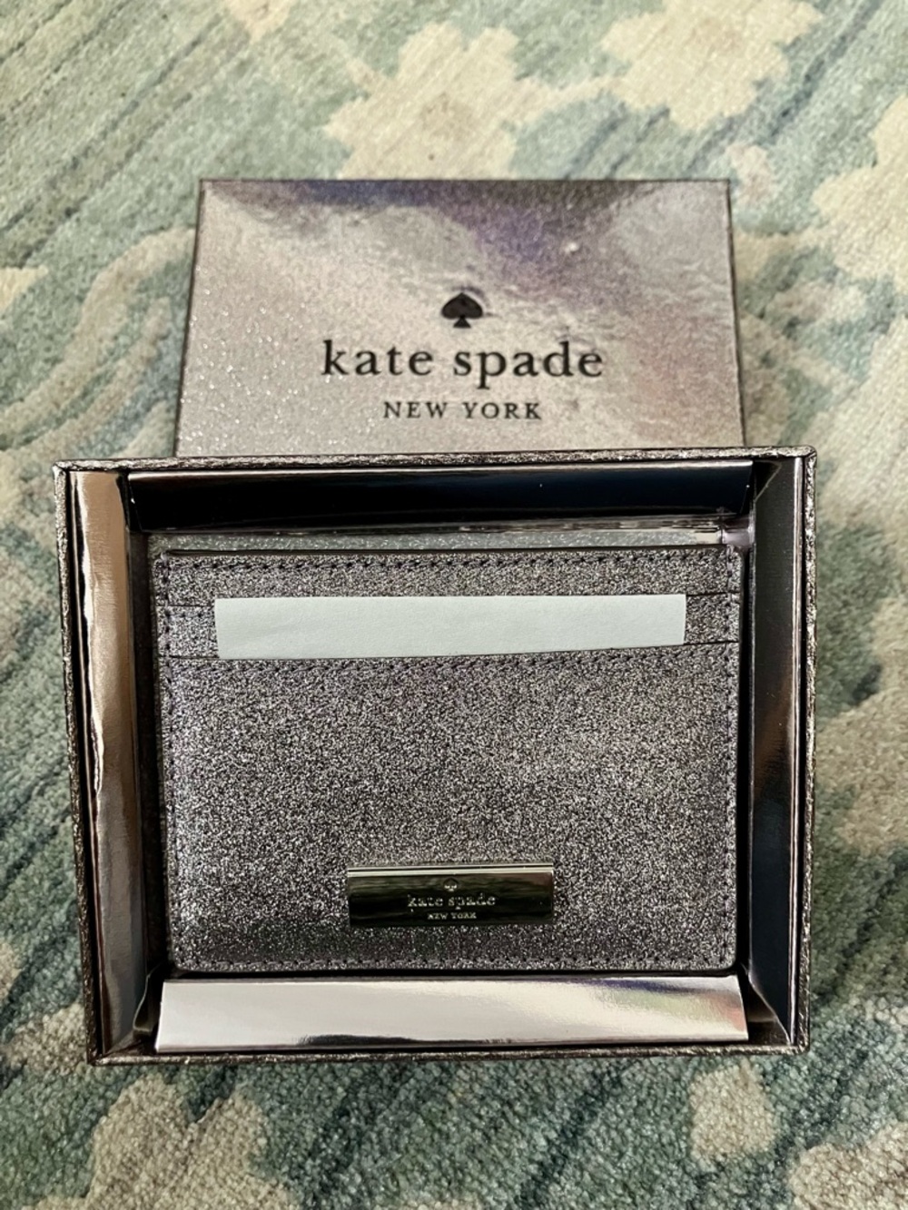 kate spade Kenzie Silver Glitter Card Holder with Metallic Plate